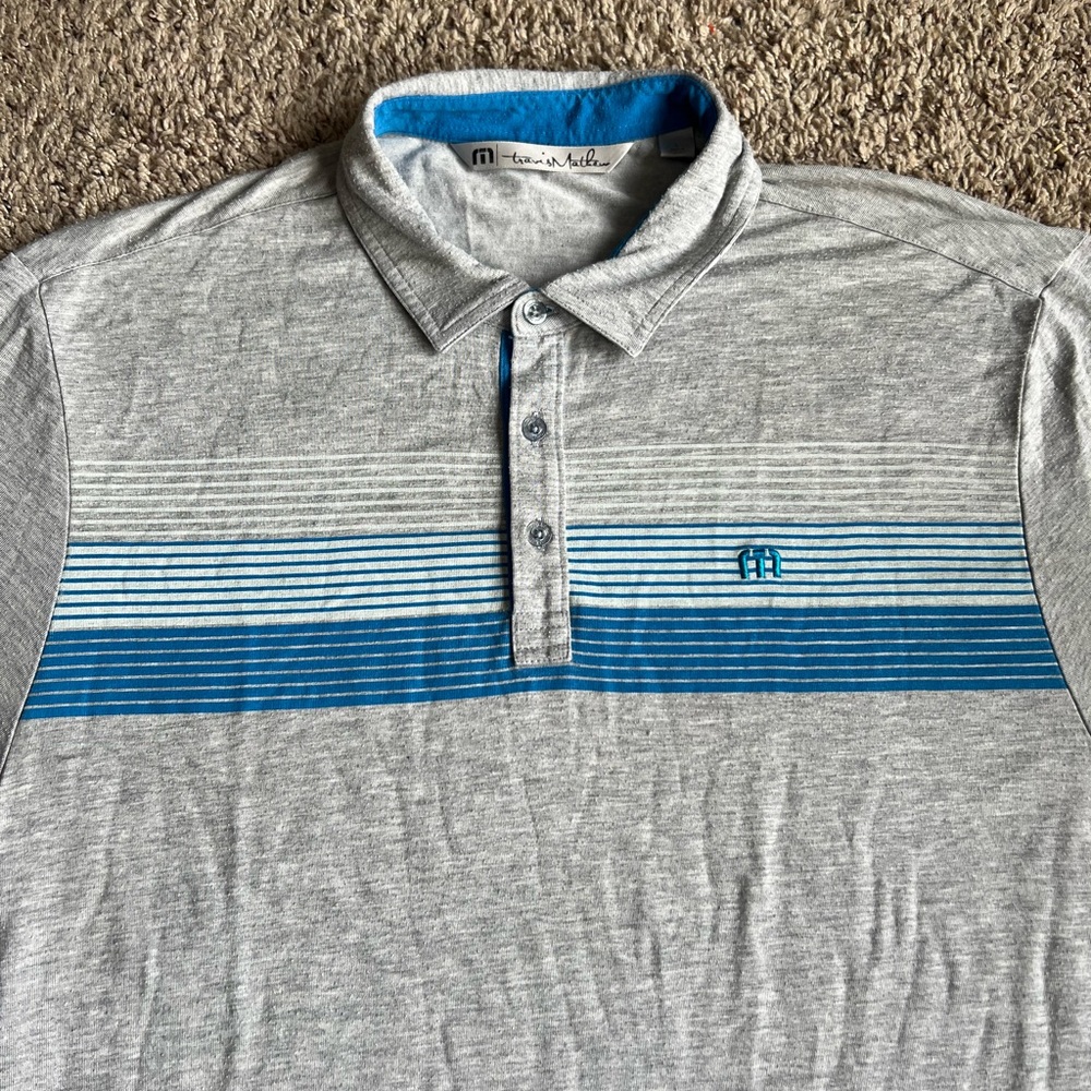 Travis Mathew Golf Polo Shirt Large Gray with Blue Stripes